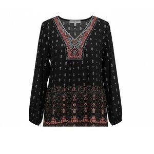 Border-Print Long Sleeve Tunic Top - Black